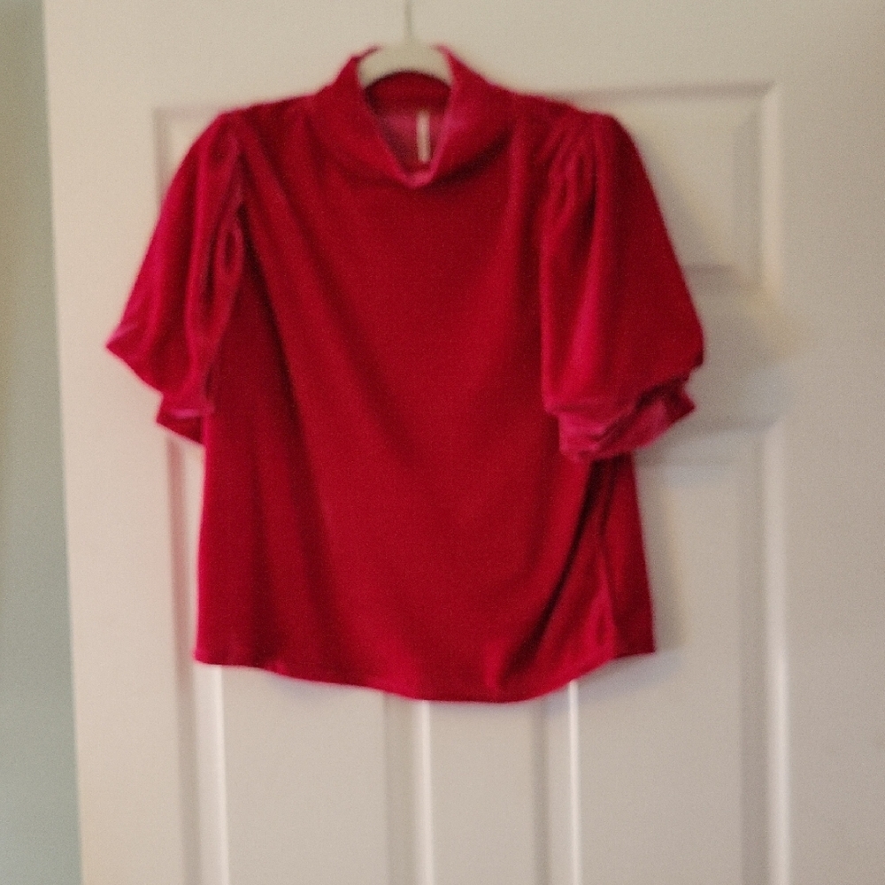 Free People Red Velvet Puff Sleeve Blouse